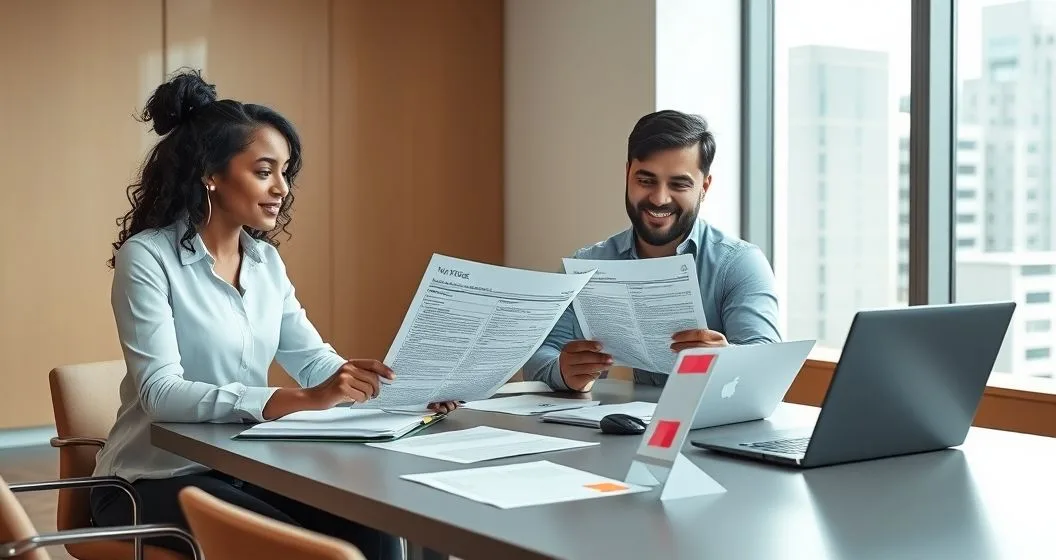 Tax advisor and client assembling an expedited review request for a printed tax notice at a minimalist conference table