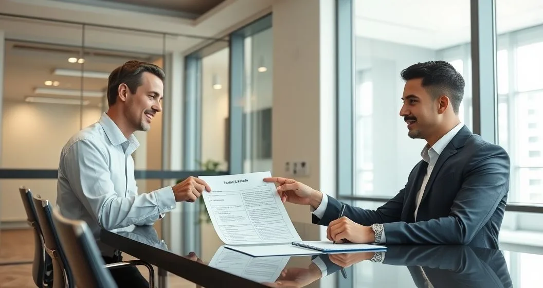 Taxpayer and tax professional reviewing a revised installment agreement at a conference table with a laptop and printed payment schedule