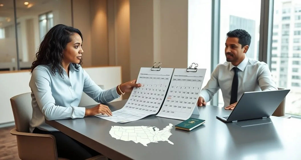 Tax advisor and client reviewing a calendar with days circled and a green card and state map on the table representing federal and state residency tests