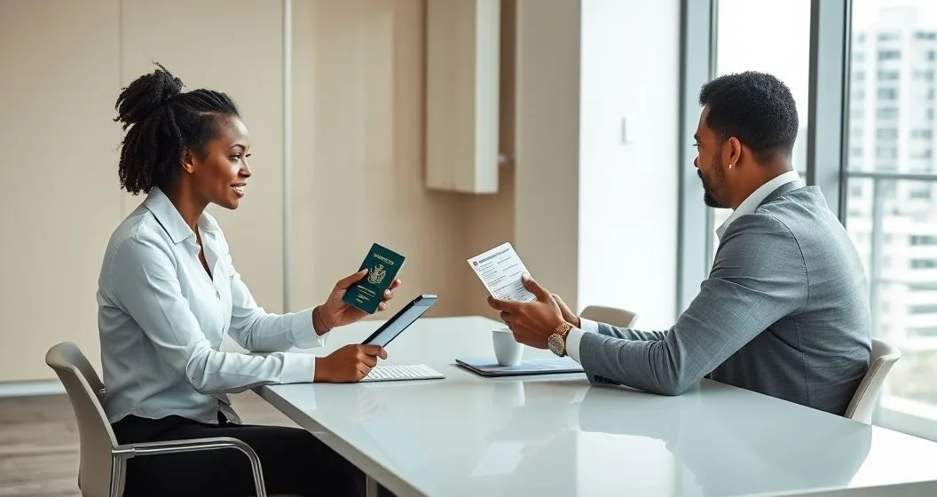 Tax professional and client at a clean conference table reviewing a tablet checklist while the client shows passport and driver's license