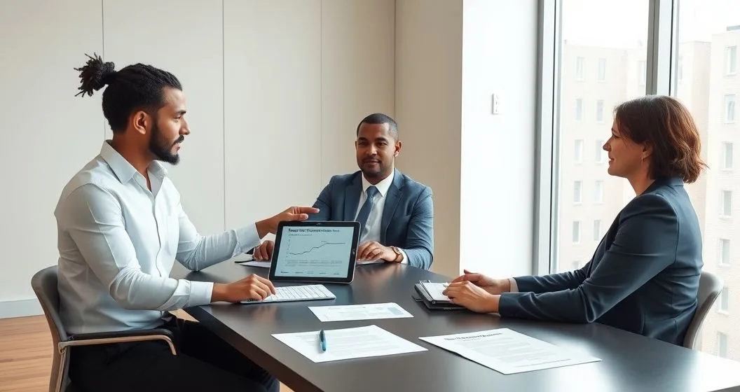 Tax advisor and two clients reviewing a payment plan timeline on a tablet with organized tax documents on a conference table