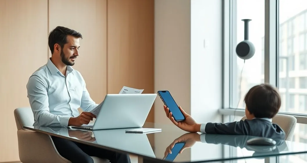 Tax advisor shows printed tax transcripts and an e file confirmation on a laptop to a client in a modern office