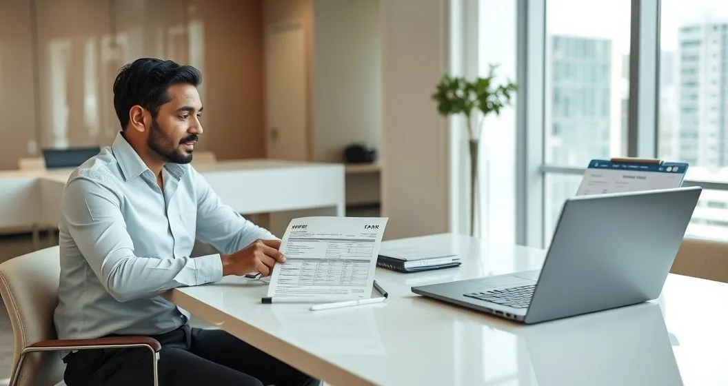 Tax advisor reviews a tax return and refund check with a client in a modern office