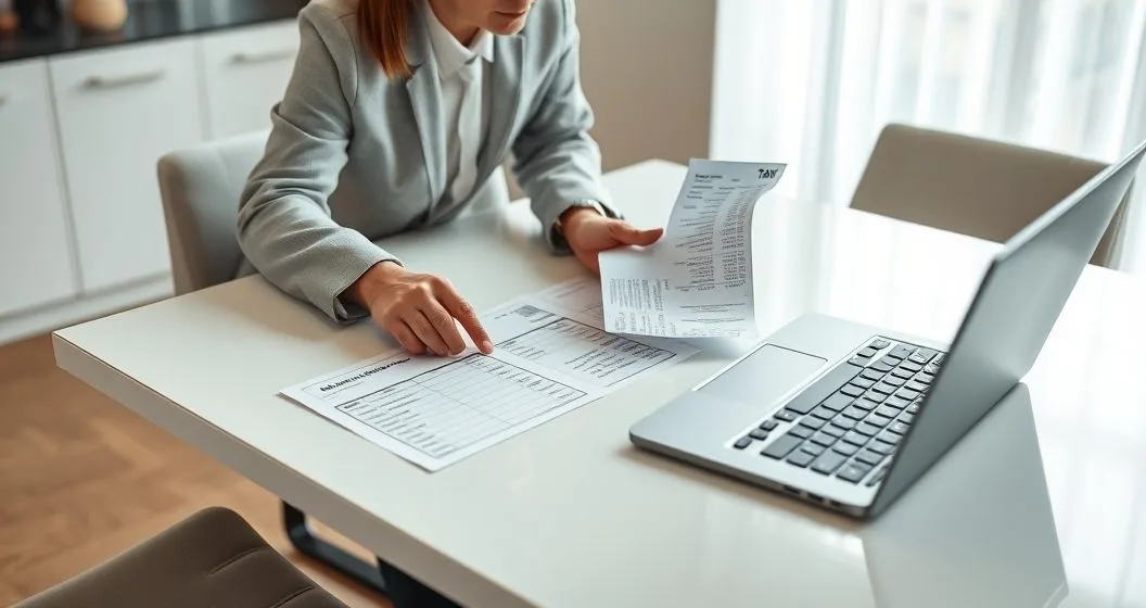 Tax advisor and client reviewing a mileage log and vehicle receipts on a desk in a modern office