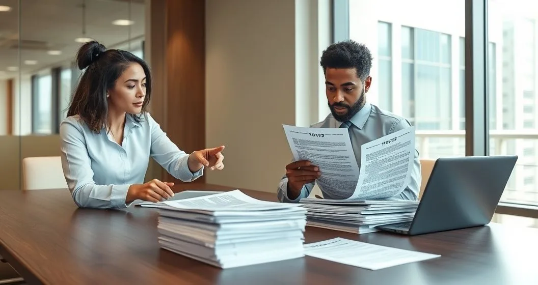Tax advisor and client at a conference table reviewing an IRS notice with multiple 1099 and W-2 forms visible