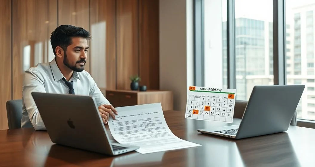 Tax attorney and client reviewing a CP3219A Notice of Deficiency at a conference table with a laptop showing a deadline