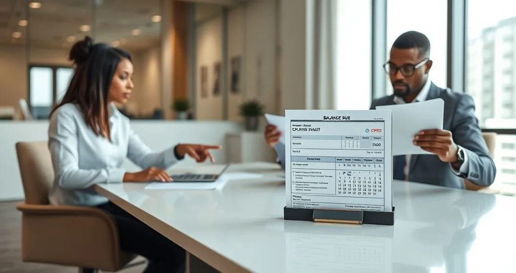 Tax advisor and client review an IRS CP501 balance due notice on a table with a calendar and calculator