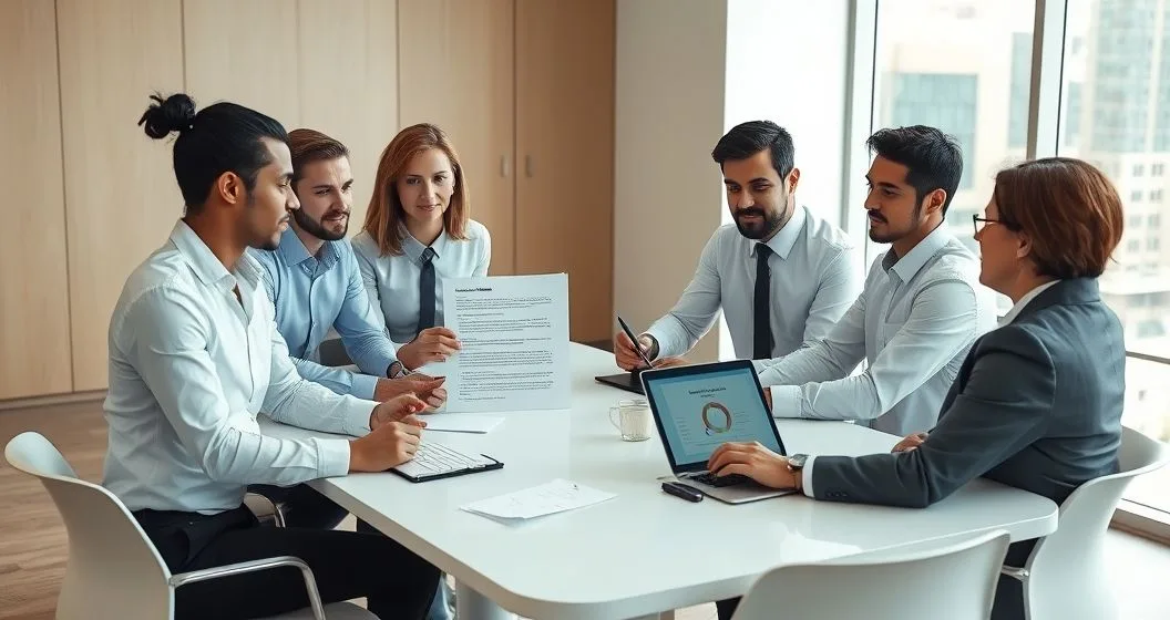 Finance professionals and an attorney reviewing an annotated breach letter and tablet checklist at a modern conference table