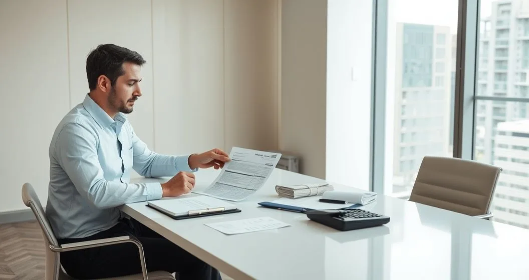 Tax advisor and client review a formal tax notice at a conference table with documents and receipts