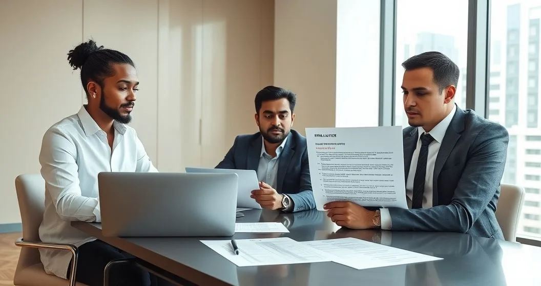 Tax advisor and two clients review an official notice and calendar on a laptop in a modern conference room with documents on the table