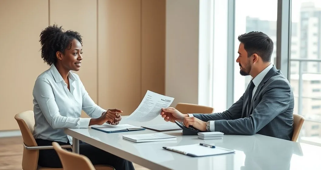 Tax advisor explains a printed substitute return notice to a client across a conference table with laptop calculator and organized folders