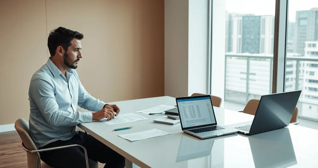 Tax advisor and client reviewing an IRS notice and supporting documents at a minimalist conference table with a laptop displaying a highlighted spreadsheet