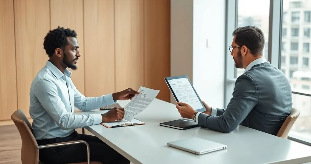 Tax attorney advising a client over a request letter while an advisor shows redacted bank statements on a tablet in a modern conference room