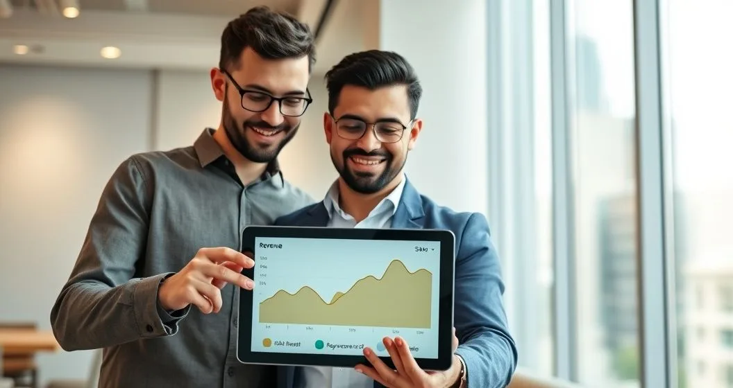 Founder and investor reviewing tablet showing revenue chart with highlighted percentage band and repayment progress bar