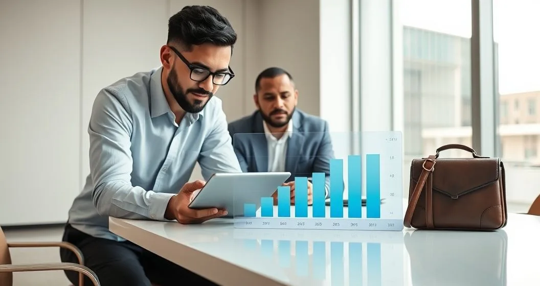 Small business owner and advisor review a tablet showing stacked daily sales bars with a shaded portion being diverted into a briefcase representing lender holdbacks.