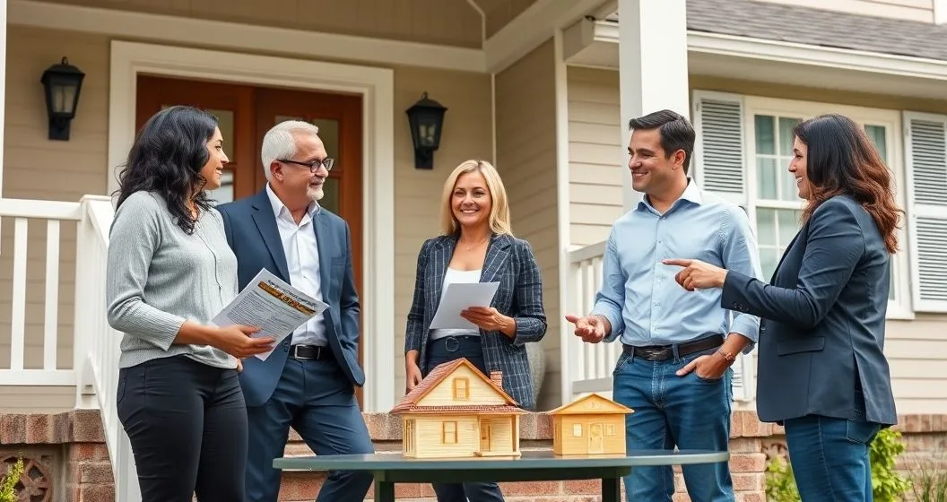 Three adult family members and two professionals on a home's front steps discussing keys appraisal and a small house model representing options for repaying a reverse mortgage
