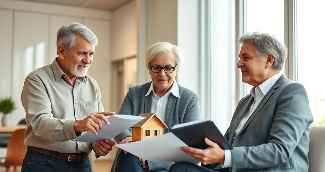 Senior couple and financial advisor at a conference table with a house model and calculator discussing reverse mortgage options