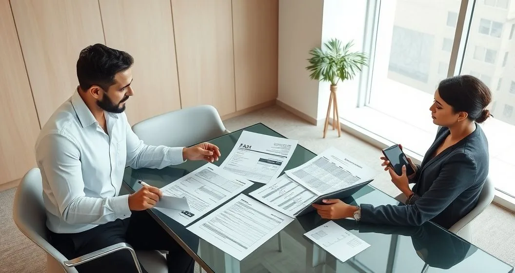 Tax advisor and client reviewing tax return W-2 1099 bank statements credit card statements and an asset title on a conference table.