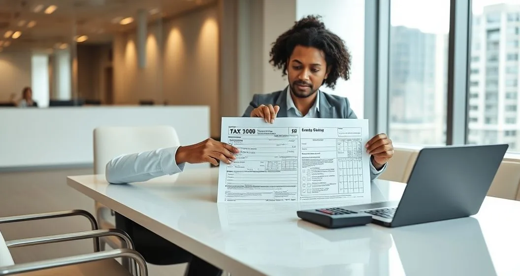 Tax advisor and client checking a Form 1040 together in an office, pointing to key fields to prevent processing delays