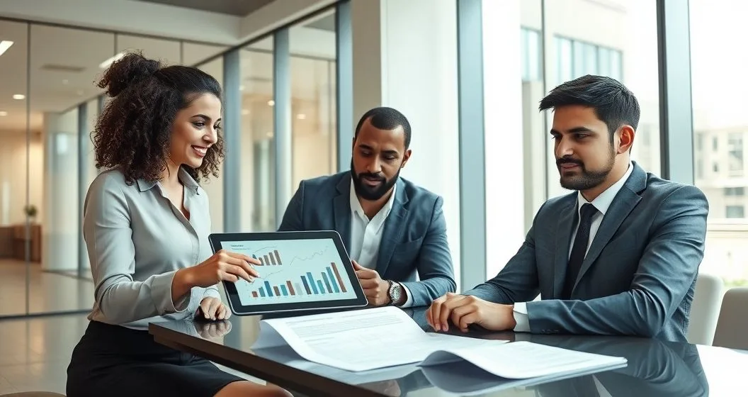 Lender and borrower at a conference table reviewing a tablet with graphs and collateral items while discussing a loan agreement.