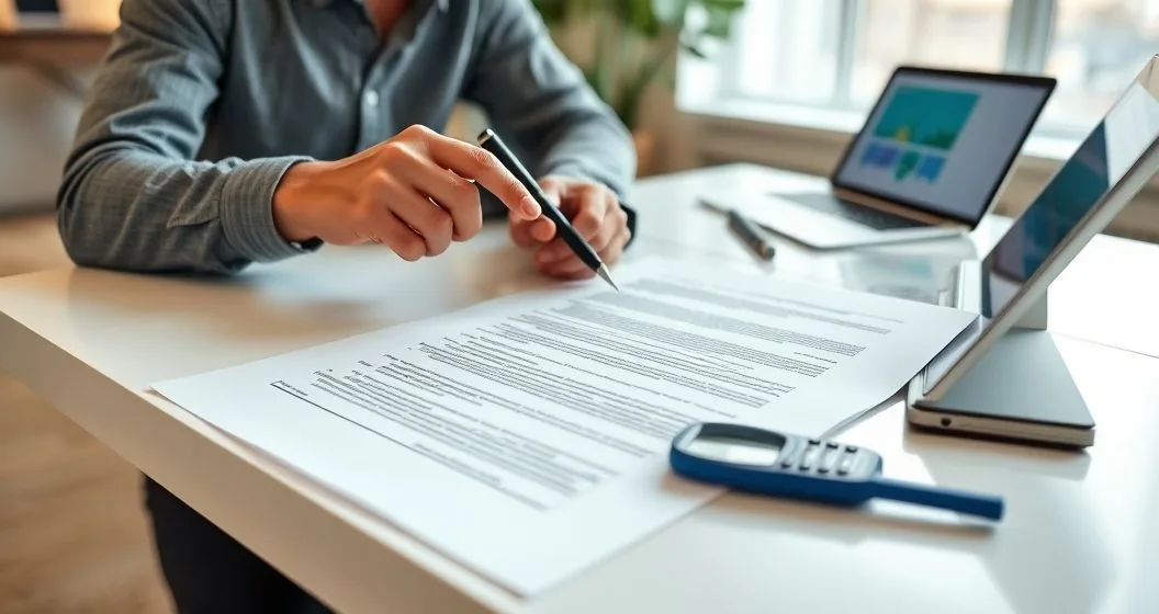 Small business owner and advisor at a conference table pointing to highlighted clauses on a peer to peer loan contract with a tablet showing a lending platform in the background