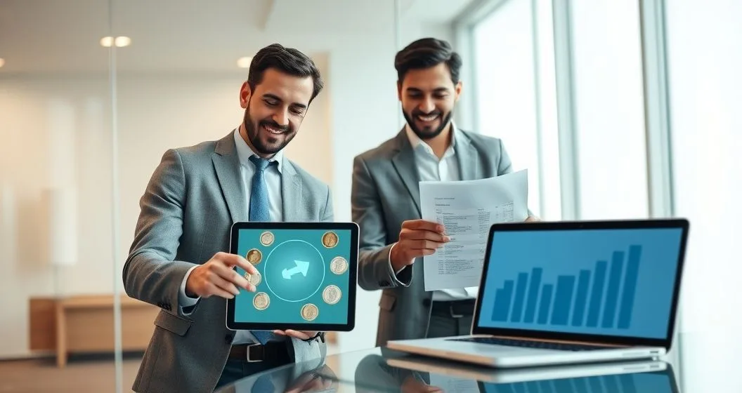 Two professionals comparing a circular revolving credit graphic on a tablet with a descending bar chart for a term loan in a modern conference room