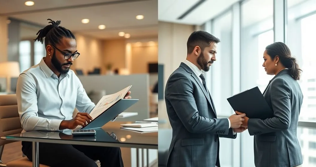Split image of two loan office scenes. Left a loan officer advising a diverse client with credit charts on a tablet. Right a different officer dismissing a similarly qualified applicant by closing a folder and turning away.