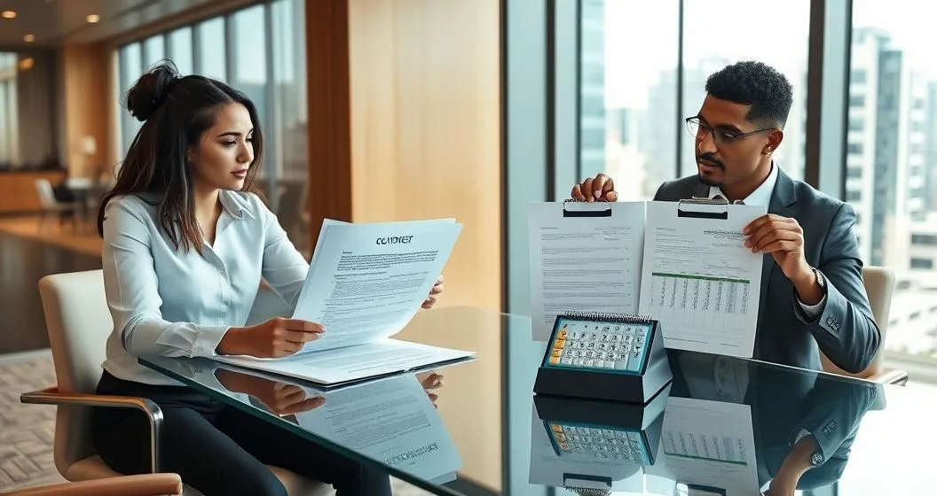 Two professionals at a glass conference table comparing a thick new contract and calculator with an original loan document and a desktop calendar to illustrate rollover and renewal cost differences