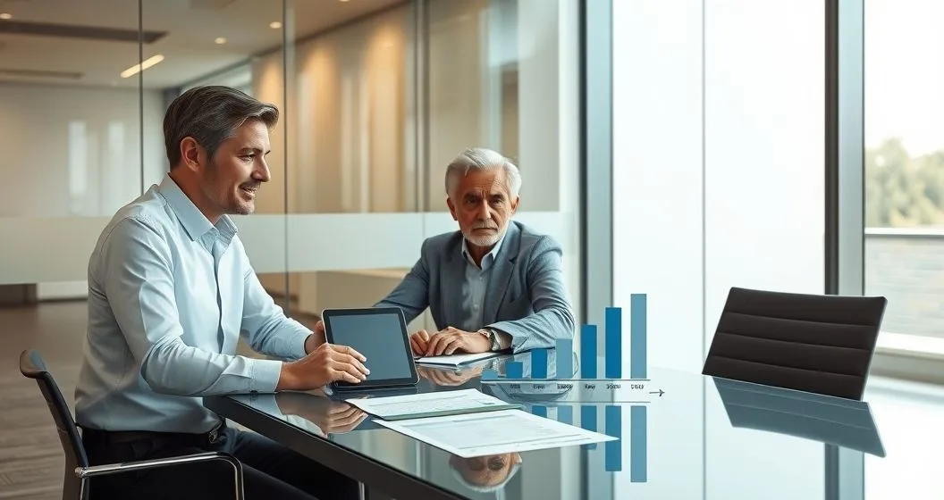 Advisor and retiree couple reviewing staggered yearly Roth conversions on tablet and printed timeline in a modern office