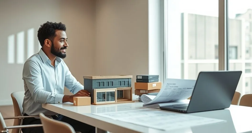 Loan officer and small business owner reviewing a storefront model equipment samples and inventory boxes to discuss SBA 7a loan applications in a modern office.