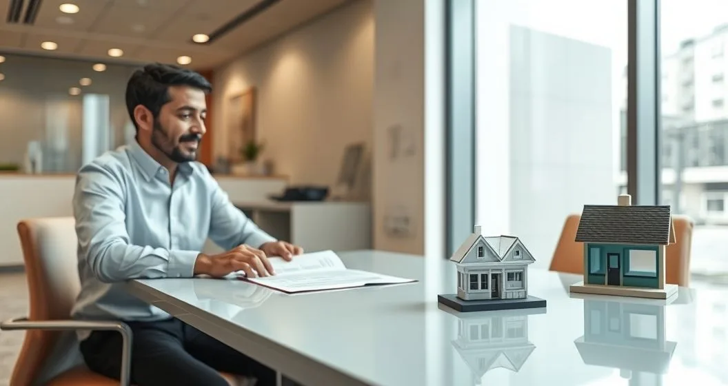 Bank loan officer and small business owner review a loan agreement as an embossed guarantee seal is pressed onto the document with a small storefront model on the table in a modern office.