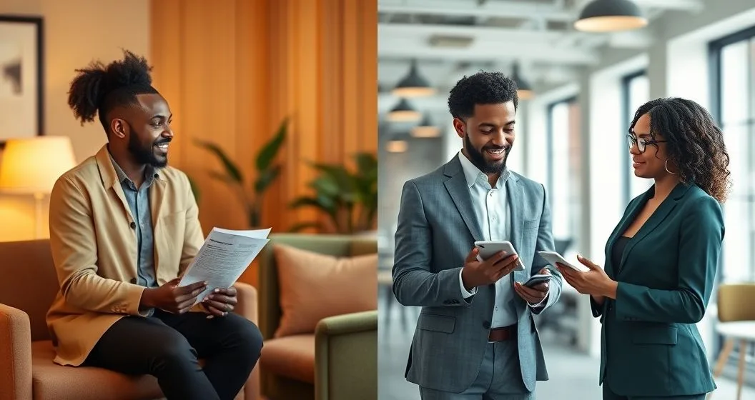 Split scene with a nonprofit microloan officer handing a paper loan packet to a startup founder on the left and a fintech representative showing a tablet approval to another founder on the right