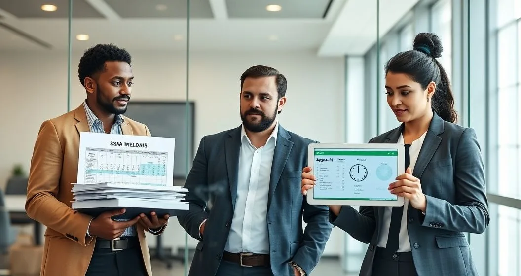 Three professionals at a conference table comparing binders and spreadsheets on one side with a tablet showing a fast approval interface on the other to illustrate SBA versus nonbank loans