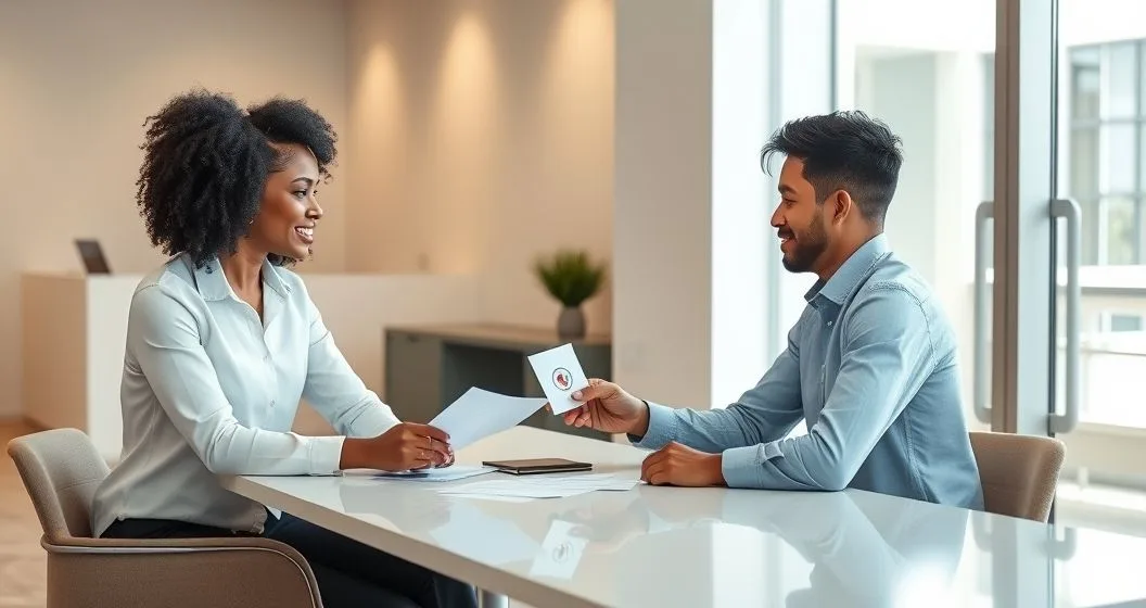 Advisor and client reviewing cards representing small loan credit union employer advance and payment plan in a modern office