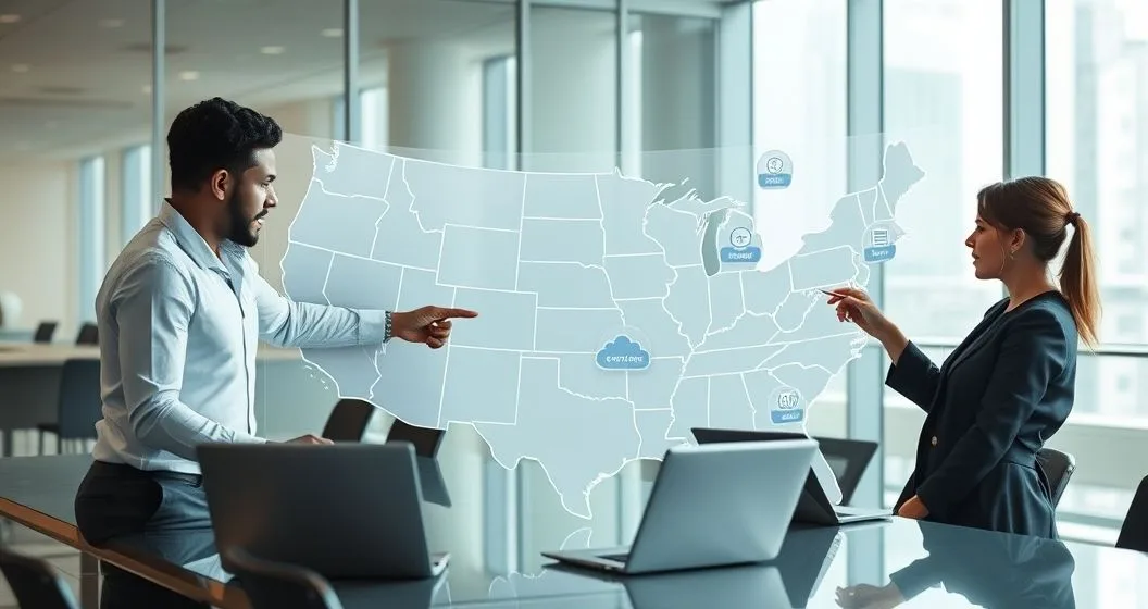 Diverse professionals examine a digital US map with highlighted states and icons for streaming cloud downloads and online courses during a meeting
