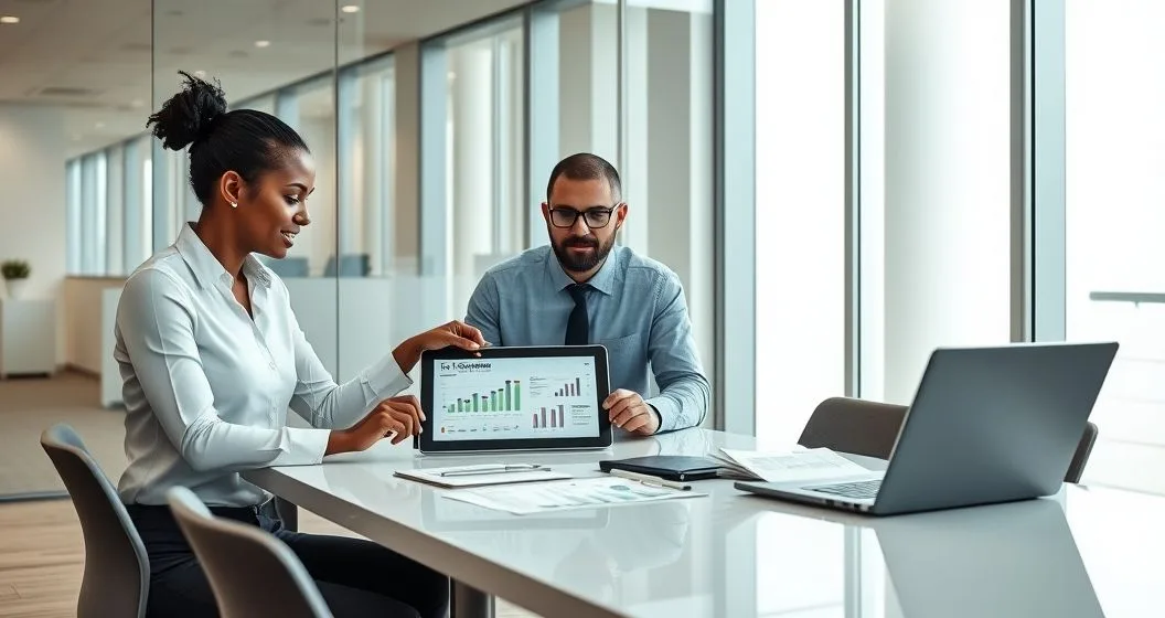Three professionals in a modern office reviewing an abstract tax compliance dashboard on a tablet and checking a printed checklist to avoid sales and use tax pitfalls