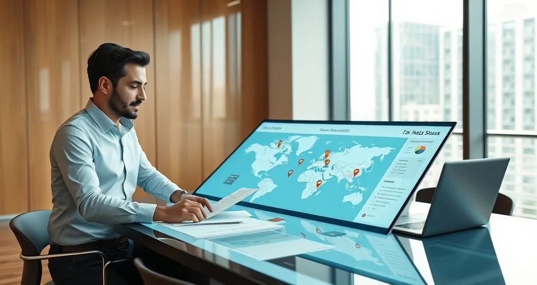 Two professionals review a touchscreen map with multiple state pins and a tax nexus dashboard to determine sales and use tax obligations