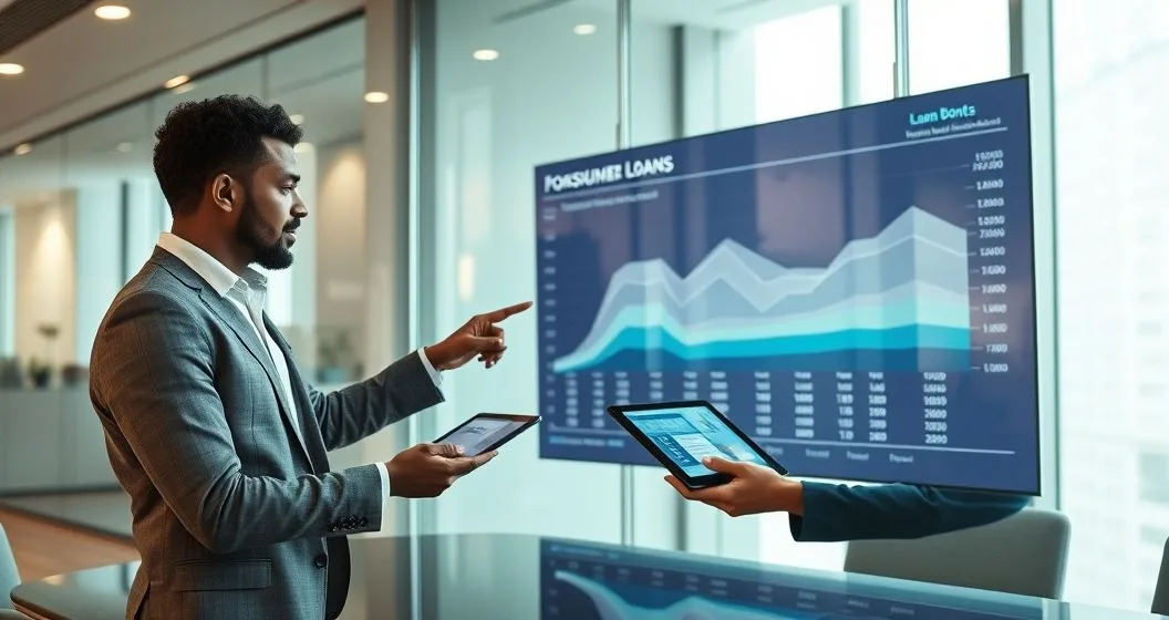 Two financial professionals in a modern conference room reviewing a large screen that visualizes pooled consumer loans being converted into tradable assets while exchanging a tablet