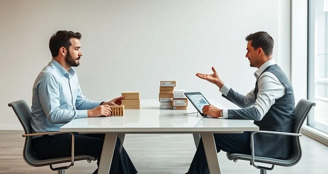 Business owner and loan officer at a conference table with collateral items on one side and a tablet with financial charts on the other, evaluating loan options