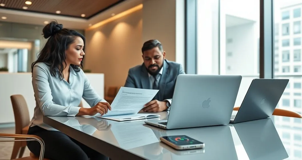 Client and financial advisor at a conference table reviewing loan paperwork while a laptop shows an investment portfolio and a phone displays a red alert suggesting collateral risk.