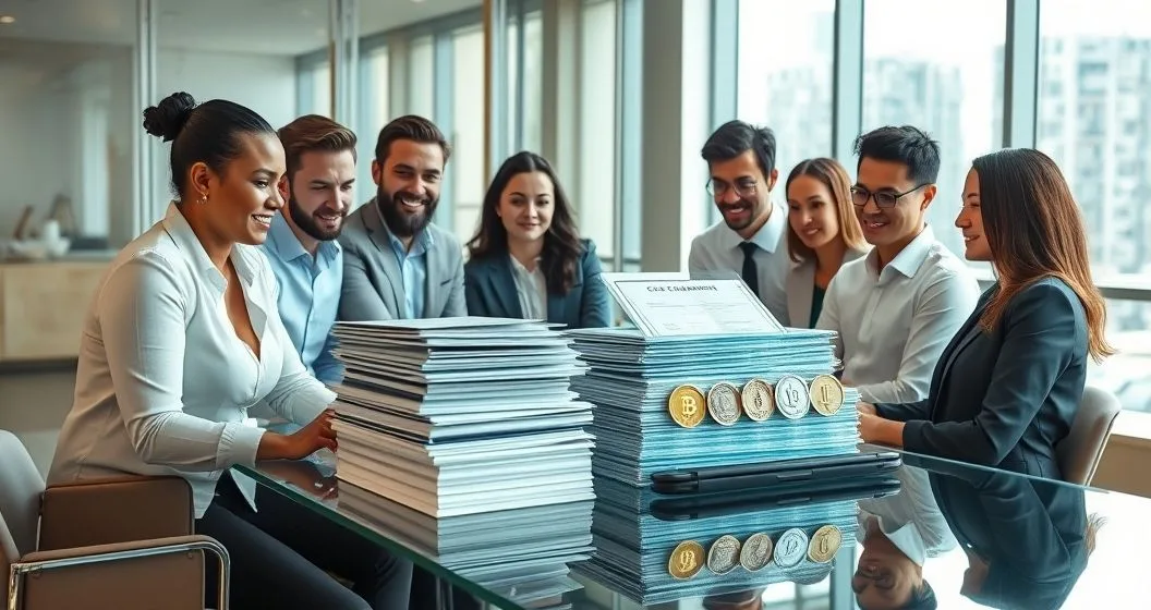 Finance professionals around a glass table watching loan folders transform into bond certificates on a tablet