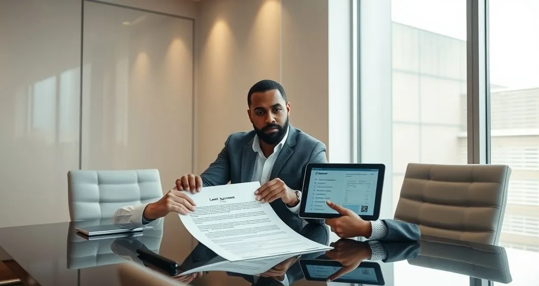 Loan officer and borrower reviewing loan agreement and UCC 1 filing with tablet showing collateral photos