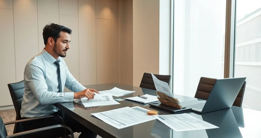 Loan officer and self employed borrower reviewing tax returns profit and loss statements and bank records at a conference table in a modern bank office.