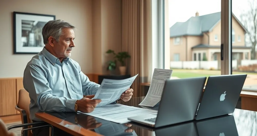 A self employed senior and a mortgage advisor at a conference table reviewing tax returns profit and loss statements and bank records with a laptop and a view of a house through the window