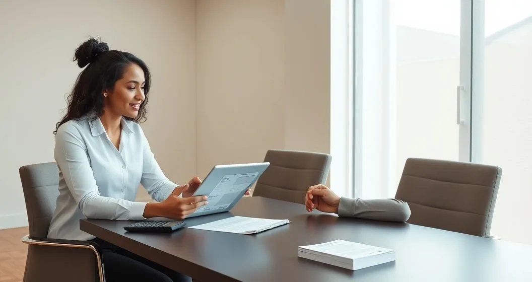 Financial counselor and client reviewing payment plan and settlement options on a tablet at a clean conference table