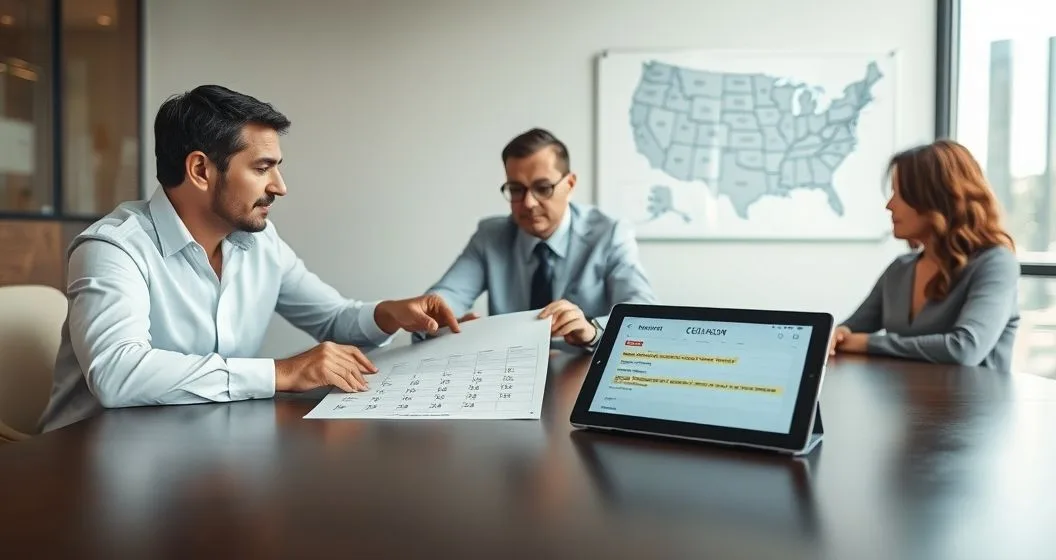 Three professionals at a conference table reviewing a circled calendar and a tablet showing a short highlighted timeline with a blurred map of US states behind them