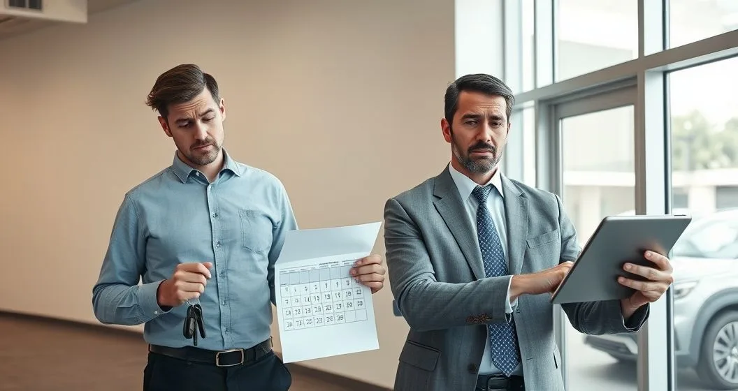 Borrower holding a vehicle title and keys across from a lender pointing to a calendar and tablet in a minimalist dealership office conveying repayment deadline and fees risk