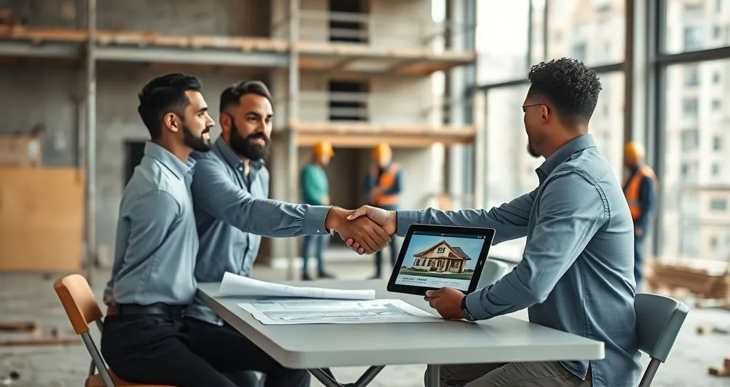 Investor and lender shake hands at a renovation site with blueprints keys and a tablet representing short term bridge financing