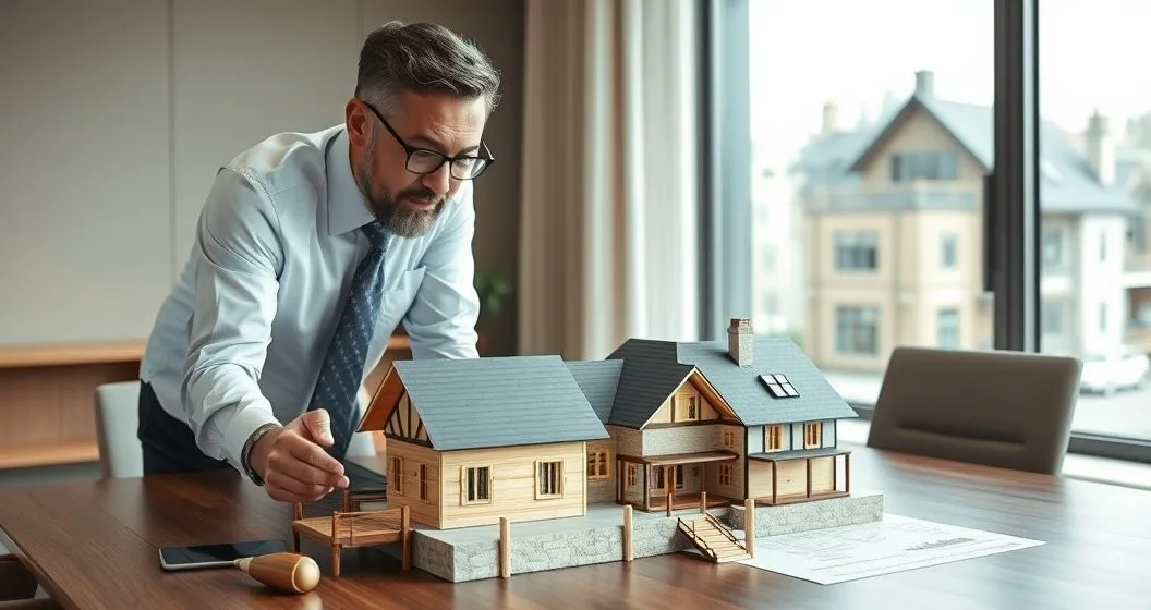 Mortgage broker and homeowner discuss a short term bridge loan over a model house with a small wooden bridge in a modern conference room