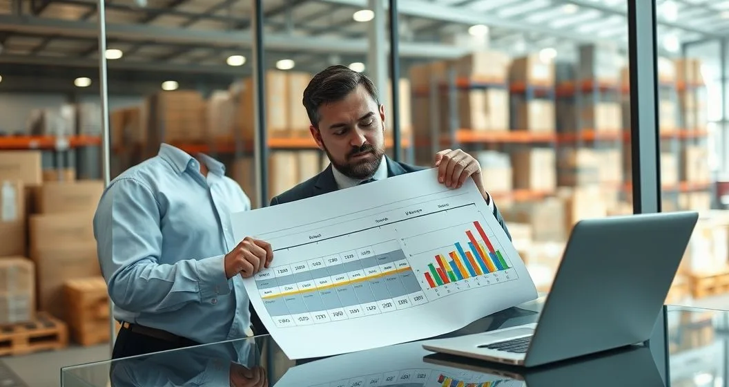 Two professionals align a repayment timeline with sales peaks in a glass walled meeting area overlooking a warehouse
